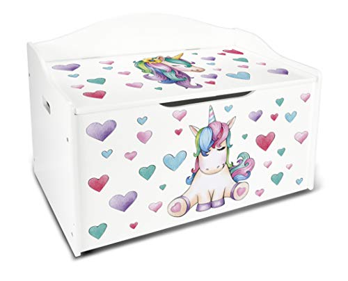 Leomark Caja de Madera XL Banco Blanco con Almacenamiento para Juguetes, Accesorios Baúl de Juguetes Tema: Unicornio, Dim: 68 x 42 x 46 (alto) cm