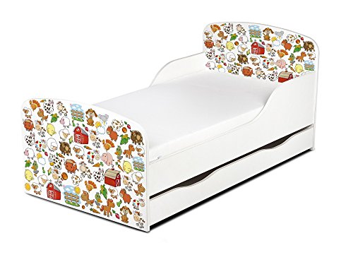 Leomark Cama Infantil Completa de Madera - MI FARMA - Marco de Cama, Colchón y Cajón, Somier, Blanco Muebles para Niños, Moderno Dormitorio, Espacio para Dormir: 140/70