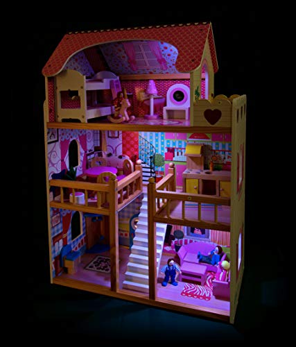 Leomark Casa de Muñecas de Madera - Bella Residencia - Equipo Completo, con muñecas, Excelente Calidad, Accesorios adicionales Color Rosa LED juego de control remoto