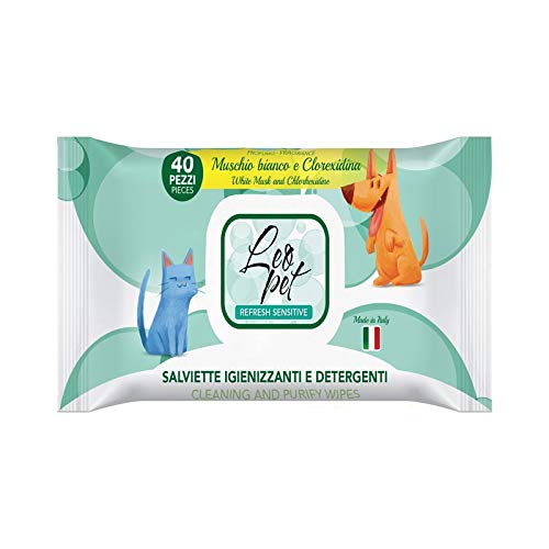 Leopet - Toallitas higiénicas y limpiadoras para Perros y Gatos con Perfume de almizcle Blanco y clorexidina, 40 Unidades