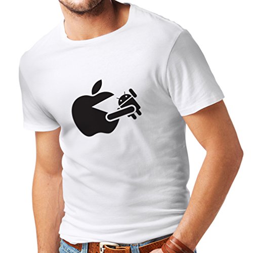lepni.me Camisetas Hombre Funny Apple Comer un Robot - Regalo para los fanáticos de la tecnología (Medium Blanco Negro)