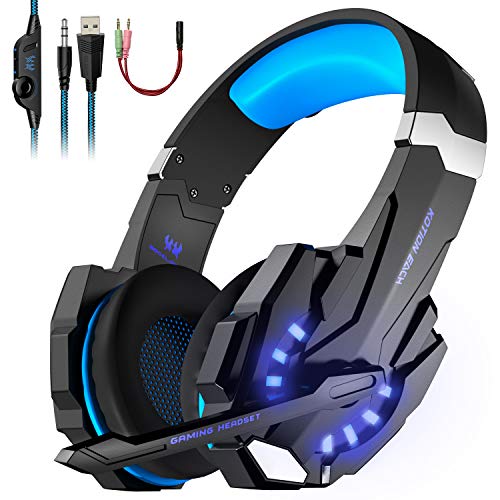 LESHP - Auriculares para gamer G9000 con cable para PC, PS4, portátil, tableta y móvil - Con micrófono, audio estéreo, luz led y antirruido Noir+Bleu