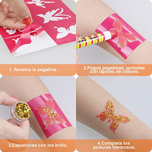 Lictin Pintura de Cara para Niños-Pintura Facial de 8 Colores, 6 Tintes para Cabello, 2 Purpurinas, 1 Pegatinas de Tatuaje, 2 Plantillas, 3 Tocado de Mariposa y Otro, Perfecto para Navidad y Halloween