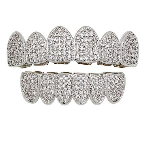 LIE Unisex Hip Hop Dientes Parrillas Parrilla Superior e Inferior Dientes de Oro Juego de Parrillas Joyería de Metal para Holleween Regalo (Color : La Plata)