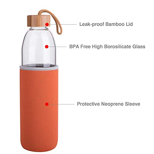 Life4u Botella de Agua de Cristal de Borosilicato de con Funda de Neopreno Sin BPA 500 ml Naranja