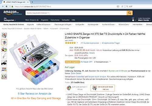 LIHAO Snaps Plástico T5 con Alicates Botones Presion y 12 Pinzas Costura (375 Botones,24 Colores)