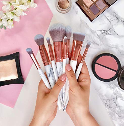 Lily England Conjunto de Brochas de Lujo de Maquillaje con Estuche Organizador | 9 Brochas Profesionales para Maquillaje de Cara y Ojos, Fibras Veganas Sintéticas - Mármol y Oro Rosa