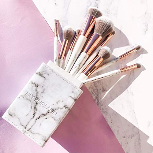 Lily England Conjunto de Brochas de Lujo de Maquillaje con Estuche Organizador | 9 Brochas Profesionales para Maquillaje de Cara y Ojos, Fibras Veganas Sintéticas - Mármol y Oro Rosa