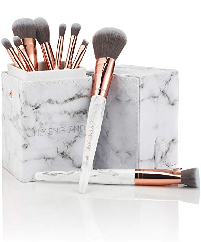 Lily England Conjunto de Brochas de Lujo de Maquillaje con Estuche Organizador | 9 Brochas Profesionales para Maquillaje de Cara y Ojos, Fibras Veganas Sintéticas - Mármol y Oro Rosa