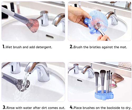 Limpiador de brochas de maquillaje de silicona, 2 en 1, bandeja de secador, bandeja de secado, soporte portátil, cepillo de viaje, cepillo de cosméticos, herramienta de limpieza (azul)