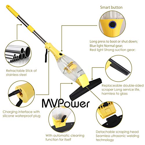 Limpiador de Ventanas MVPOWER Aspirador de Ventanas Inalámbrico con Extractor con Borde de Goma | Botella de Spray con Limpiador de Microfibra | Mango Telescópico de Aluminio