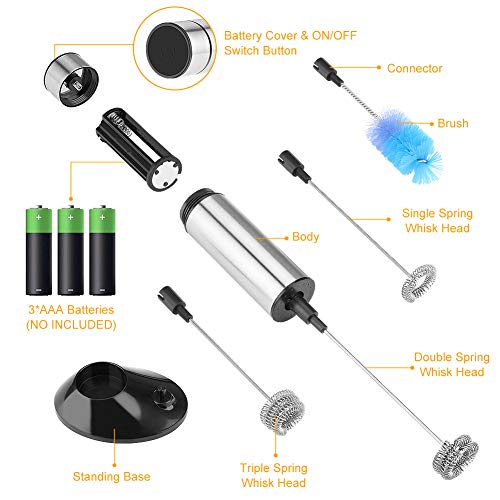 Linkax Espumador de Leche eléctrico de Mano Batidor de Leche de Acero Inoxidable Tres cabeza de batidor de primavera Espumador de cafe Latte Cappuccino