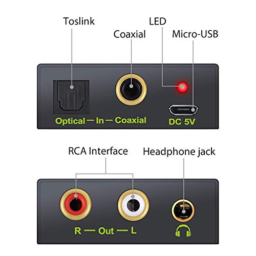 LiNKFOR DAC Convertidor de Audio Digital a Analógico Conversor de Coaxial Optico a Audio Analógico RCA L/R Adaptor de Audio con Cable Optical, 3.5mm Salidad de Auricurales para HDTV Blu-Ray DVD Sky HD