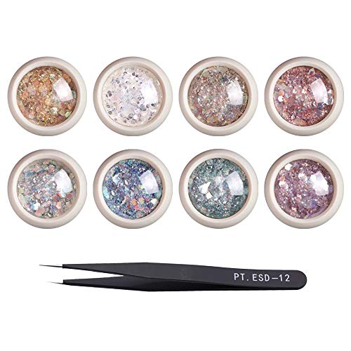 LINVINC Uñas Decorativa Art Pegatinas Kit - Paillette Brillante Decoración para Cara Maquillaje Pelo Arte Corporal Uñas y Mejilla Purpurinas Polvo 6/8 Colores Chunky Glitter