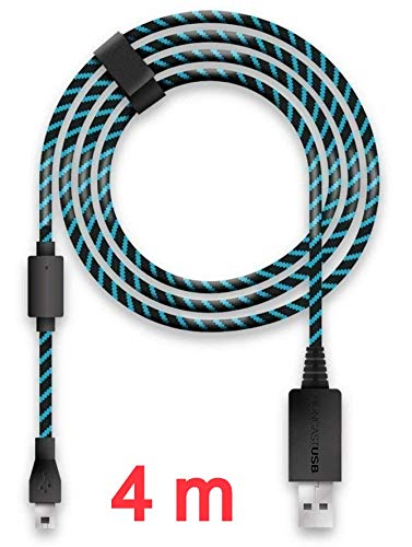 Lioncast Cable de Carga para Controladores Xbox One y PS4 con Forro de Tela y Organizador de Correa para Cable, MicroUSB 2.0; 1 x 4 Metros - Azul y Negro