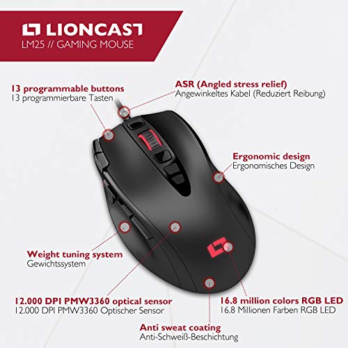 Lioncast LM25 el Ratón para Juegos con 13 Botones Programables (Iluminación RGB LED, Sensor Óptico PMW 3360, Diseño Ergonomico & Agarre de Palma); Sistema de Ajuste de Peso para FPS, RTS y MOBAs