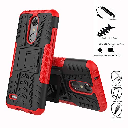 LiuShan LG K10 2018 Funda, Heavy Duty Silicona Híbrida Rugged Armor Soporte Cáscara de Cubierta Protectora de Doble Capa Caso para LG K10 2018 Smartphone(con 4 en 1 Regalo empaquetado),Rojo
