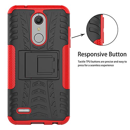 LiuShan LG K10 2018 Funda, Heavy Duty Silicona Híbrida Rugged Armor Soporte Cáscara de Cubierta Protectora de Doble Capa Caso para LG K10 2018 Smartphone(con 4 en 1 Regalo empaquetado),Rojo