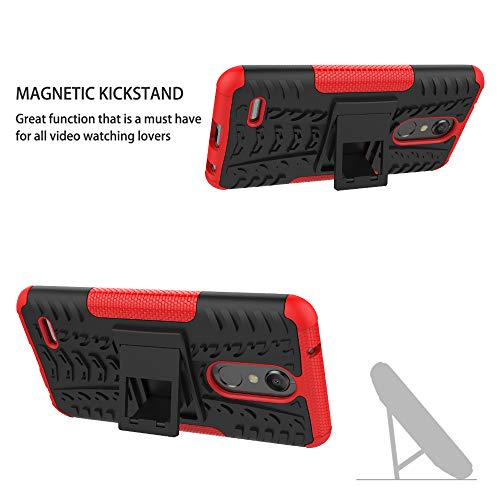 LiuShan LG K10 2018 Funda, Heavy Duty Silicona Híbrida Rugged Armor Soporte Cáscara de Cubierta Protectora de Doble Capa Caso para LG K10 2018 Smartphone(con 4 en 1 Regalo empaquetado),Rojo