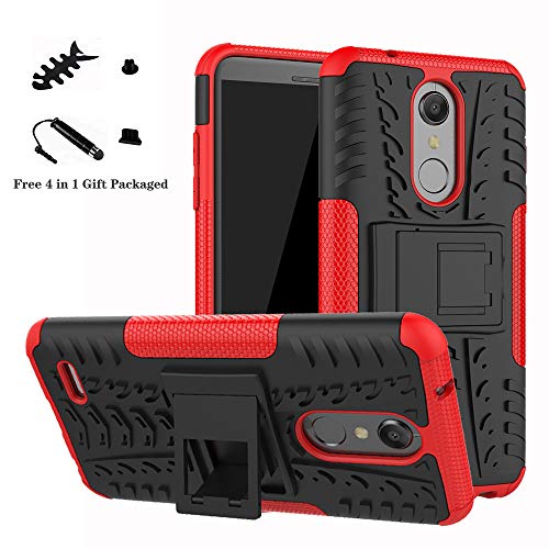 LiuShan LG K10 2018 Funda, Heavy Duty Silicona Híbrida Rugged Armor Soporte Cáscara de Cubierta Protectora de Doble Capa Caso para LG K10 2018 Smartphone(con 4 en 1 Regalo empaquetado),Rojo