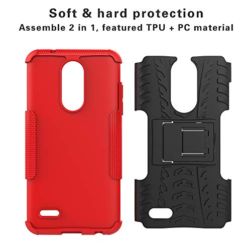 LiuShan LG K10 2018 Funda, Heavy Duty Silicona Híbrida Rugged Armor Soporte Cáscara de Cubierta Protectora de Doble Capa Caso para LG K10 2018 Smartphone(con 4 en 1 Regalo empaquetado),Rojo