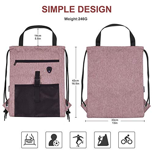 LIVACASA Mochilas de Cuerdas Mujer Hombre Bolsa de Cuerdas Bolsillos Mallas Exteriores A Prueba de Agua Toma USB para Auriculares Bolsa de Mano para Trabajo (Rosa, 43 * 33cm)