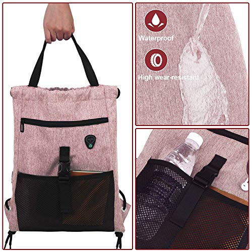 LIVACASA Mochilas de Cuerdas Mujer Hombre Bolsa de Cuerdas Bolsillos Mallas Exteriores A Prueba de Agua Toma USB para Auriculares Bolsa de Mano para Trabajo (Rosa, 43 * 33cm)