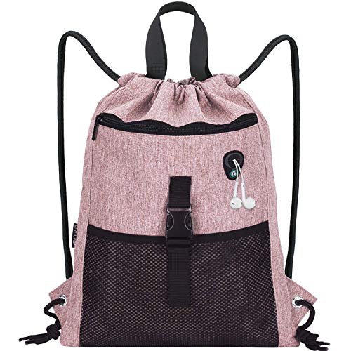 LIVACASA Mochilas de Cuerdas Mujer Hombre Bolsa de Cuerdas Bolsillos Mallas Exteriores A Prueba de Agua Toma USB para Auriculares Bolsa de Mano para Trabajo (Rosa, 43 * 33cm)