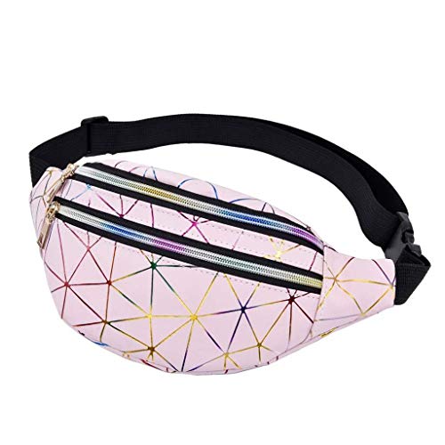 LIVACASA Riñoneras Mujeres de Moda Riñoneras Deportivas Impermeables Plegable Brillante Bolsas de Cintura Running Paseo de Marcha PU Material Unisex Rosa