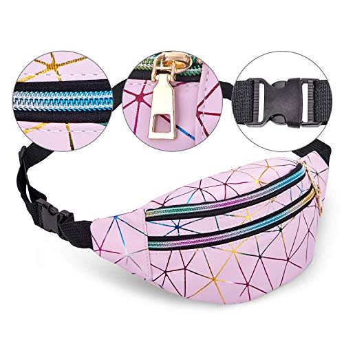 LIVACASA Riñoneras Mujeres de Moda Riñoneras Deportivas Impermeables Plegable Brillante Bolsas de Cintura Running Paseo de Marcha PU Material Unisex Rosa