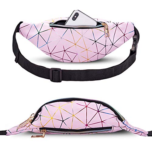 LIVACASA Riñoneras Mujeres de Moda Riñoneras Deportivas Impermeables Plegable Brillante Bolsas de Cintura Running Paseo de Marcha PU Material Unisex Rosa