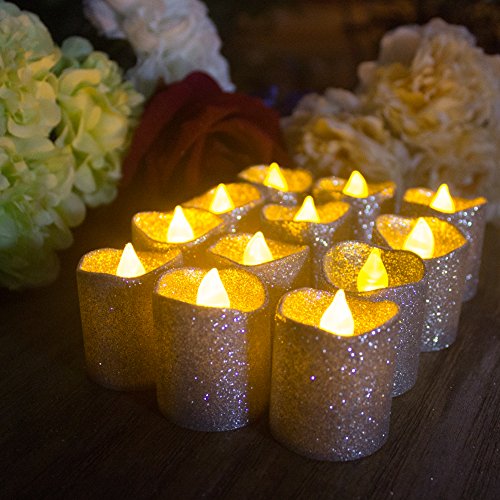 loguide LED Tealights flackernde velas sin llama realista Glitter Laca Ted con Power Decoración F ¨ ¹ r boda Outdoor Bar Restaurante Party Home Cumpleaños 12pcs