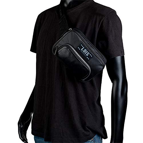 Lois - Riñonera Grande de Hombre para la Cintura. Cierre Cremallera. Compartimentos para Móvil y Efectos Personales. Ideal para Viaje. Polipiel Cuero PU. Gran Capacidad. 302810, Color Negro