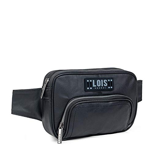 Lois - Riñonera Grande de Hombre para la Cintura. Cierre Cremallera. Compartimentos para Móvil y Efectos Personales. Ideal para Viaje. Polipiel Cuero PU. Gran Capacidad. 302810, Color Negro