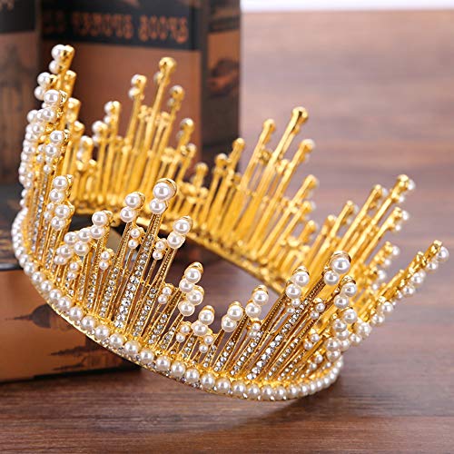 LOKIH Nupcial Tocado círculo Completo de Accesorios para el Cabello Accesorios de Perlas de Novia Boda Grande de la Corona de la Corona, Que se Utiliza para Las Partes asistir,Oro