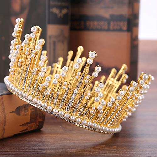 LOKIH Nupcial Tocado círculo Completo de Accesorios para el Cabello Accesorios de Perlas de Novia Boda Grande de la Corona de la Corona, Que se Utiliza para Las Partes asistir,Oro