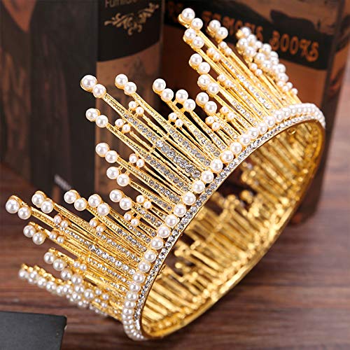 LOKIH Nupcial Tocado círculo Completo de Accesorios para el Cabello Accesorios de Perlas de Novia Boda Grande de la Corona de la Corona, Que se Utiliza para Las Partes asistir,Oro