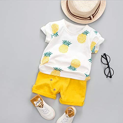 LOPILY Camiseta De Manga Corta con Estampado De Piña para Niños Top Pantalones Cortos De Color Liso Conjunto Traje