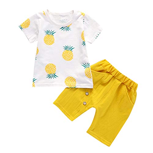 LOPILY Camiseta De Manga Corta con Estampado De Piña para Niños Top Pantalones Cortos De Color Liso Conjunto Traje