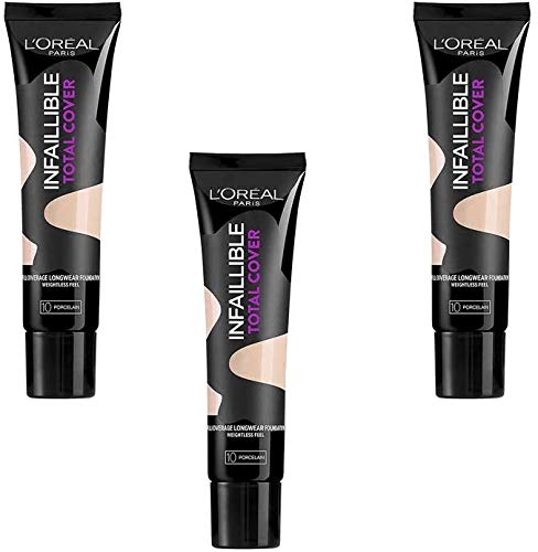 L'Oréal Paris Infaillible Base de maquillaje Total Cover 10 Porcelain, 3 unidades (3 x 35 ml)