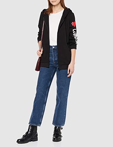 Love Moschino Hooded Long Fleece Zipped Sweatshirt_Stripe Logo & Heart Print On Sleeve_Ribbed Bottom & Cuffs Sudadera, Negro (Black C74), 38 (Talla del Fabricante: 42) para Mujer