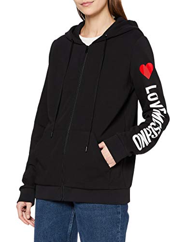 Love Moschino Hooded Long Fleece Zipped Sweatshirt_Stripe Logo & Heart Print On Sleeve_Ribbed Bottom & Cuffs Sudadera, Negro (Black C74), 38 (Talla del Fabricante: 42) para Mujer