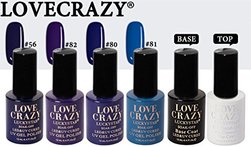 LOVECRAZY® Series Esmaltes de Uñas en Gel Permanente/Semipermanente para Manicura y Pedicura, 4 Esmaltes de Colores,Top Coat y Base Coat UV LED (56,80,81,82)