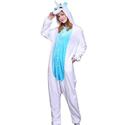 LSERVER Disfraz de Cosplay para Adultos Traje de Unisexo Pijama de Franela de Otoño e Invierno Estilo de Animales, Unicornio Azul, M (158-167cm)