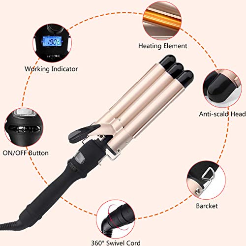 LTPAG Pinzas Rizadoras, 3 Barriles Rizador de pelo 25mm rizos con pantalla LCD, Turmalina y Cerámica Tenacillas de Pelo con pantalla digital de Ajustable temperatura para rizar y Ondular Largo/Corto