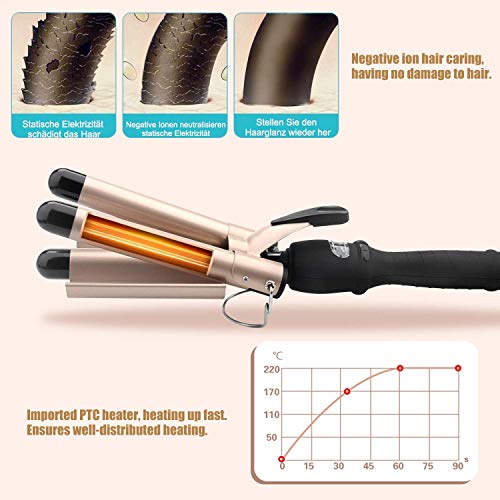 LTPAG Pinzas Rizadoras, 3 Barriles Rizador de pelo 25mm rizos con pantalla LCD, Turmalina y Cerámica Tenacillas de Pelo con pantalla digital de Ajustable temperatura para rizar y Ondular Largo/Corto