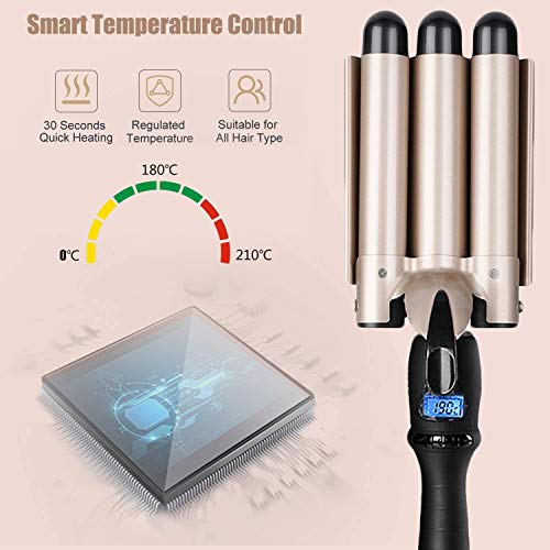 LTPAG Pinzas Rizadoras, 3 Barriles Rizador de pelo 25mm rizos con pantalla LCD, Turmalina y Cerámica Tenacillas de Pelo con pantalla digital de Ajustable temperatura para rizar y Ondular Largo/Corto