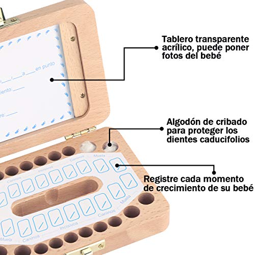 Luchild caja dientes leche ESPAÑOL, Caja para guardar dientes para niños y niñas, Regalo para niños en madera de souvenir, Acumulación de dientes - Español