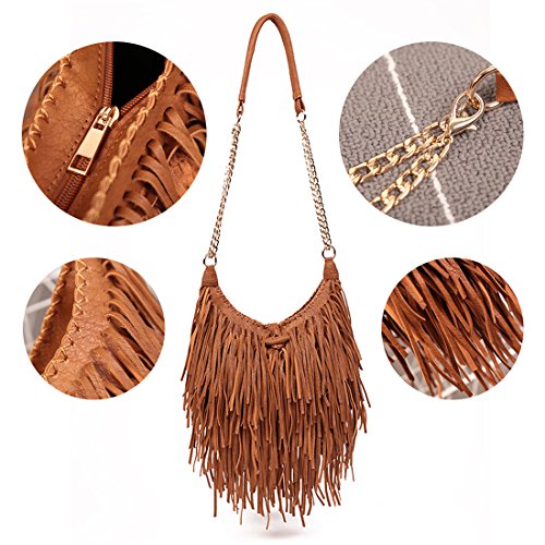 LUI SUI Mujer Faux Suede Fringe Tassels Cross-body Shoulder Bag Bolso de escuela de viaje para mujer Monedero Marrón
