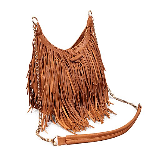 LUI SUI Mujer Faux Suede Fringe Tassels Cross-body Shoulder Bag Bolso de escuela de viaje para mujer Monedero Marrón